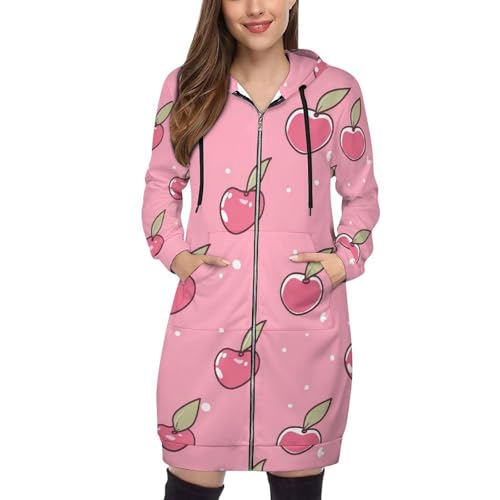 GSAEIMCT Kapuzenpullover Für Damen, Süße Jacke Mit Rosa Kirschen-Aufdruck Und Reißverschluss, Langer Kapuzenpullover Mit Taschen, Langärmliges Oberteil, Lässiger Sweatshirtmantel von GSAEIMCT