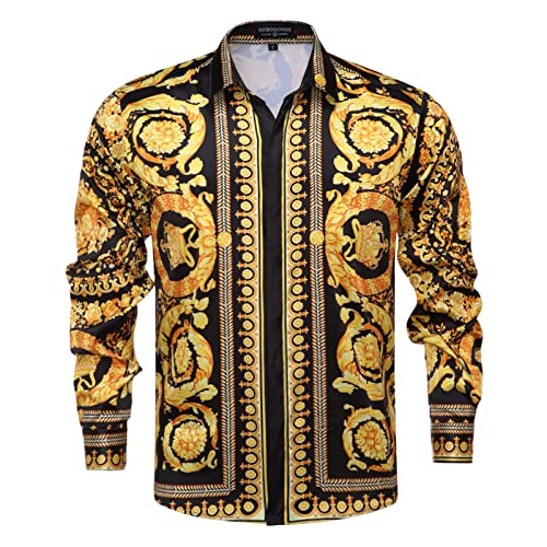 Herren Luxusmarke bedruckt Seide wie Satin Button Down Kleid Hemd für Party Abschlussball Langarm Slim Fit Floral Nightclub Shirt, mehrfarbig23, Klein von GSBOGOSSE