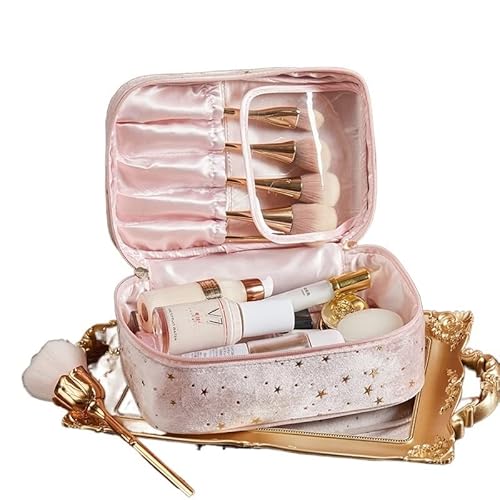 Kosmetiktasche Tragbare Reise Kleine Kosmetiktasche Flanell Kosmetik Aufbewahrungstasche Frauen Große Kapazität Sternenhimmel Kosmetiktasche Make Up Bag (Color : Pink) von GSCLZ