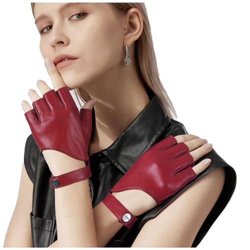 GSG Damen Fingerlose Lederhandschuhe zum Autofahren Ungefütterte Schaffell Halbfinger Handschuhe aus echtem Leder Rot Large von GSG SINCE 1998