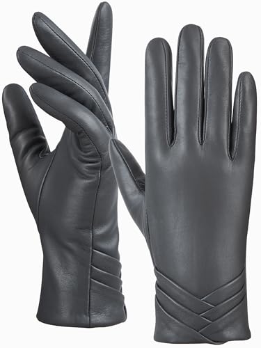 GSG Damen-Handschuhe aus echtem Leder mit Wolle gefüttert Touchscreen-Schaffellhandschuhe mit gefüttertem Winter Grau L von GSG SINCE 1998