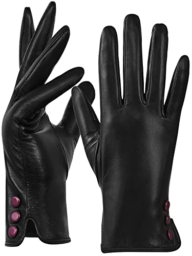 GSG Echte Lederhandschuhe für Damen mit Warmem Vlies Gefüttert Schaffell Touchscreen Winter Handschuhe für Damen Schwarz-Violett Large von GSG SINCE 1998