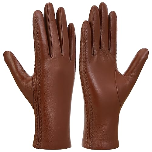 GSG Damen Lederhandschuhe aus echtem Leder mit Warmer Wolle gefütterter Touchscreen Lammfell Handschuhe Braun L von GSG SINCE 1998