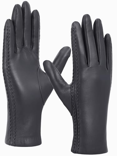 GSG Damen Lederhandschuhe aus echtem Leder mit Warmer Wolle gefütterter Touchscreen Lammfell Handschuhe Grau L von GSG SINCE 1998