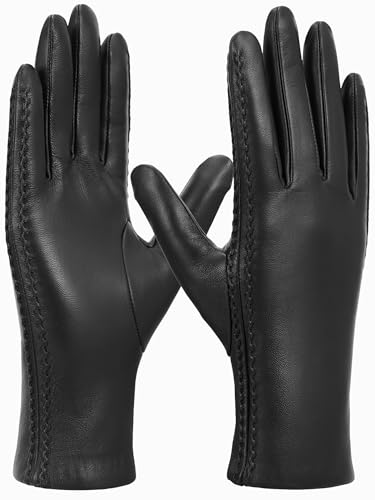 GSG Damen Lederhandschuhe aus echtem Leder mit Warmer Wolle gefütterter Touchscreen Lammfell Handschuhe Schwarz L von GSG SINCE 1998