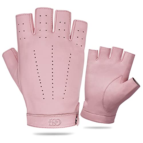 GSG Fingerlose Lederhandschuhe Damen aus echtem Leder Ungefütterte Halbfinger-Fahrhandschuhe aus Schaffell Rosa Large von GSG SINCE 1998