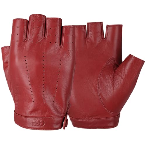 GSG Fingerlose Lederhandschuhe Damen aus echtem Leder Ungefütterte Halbfinger-Fahrhandschuhe aus Schaffell Rot Large von GSG SINCE 1998