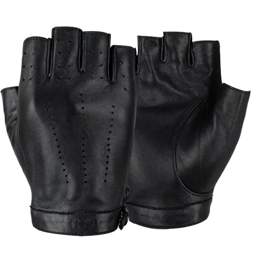 GSG Fingerlose Lederhandschuhe Damen aus echtem Leder Ungefütterte Halbfinger-Fahrhandschuhe aus Schaffell Schwarz Large von GSG SINCE 1998