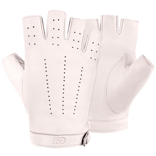 GSG Fingerlose Lederhandschuhe Damen aus echtem Leder Ungefütterte Halbfinger-Fahrhandschuhe aus Schaffell Weiß Medium von GSG SINCE 1998