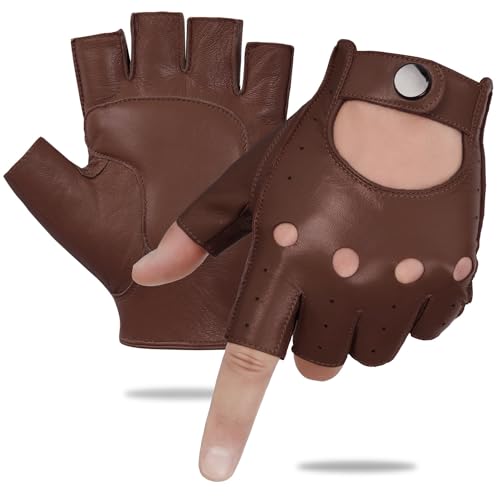 GSG Herren Fingerlose Lederhandschuhe Ungefüttert Halbfinger Leder Fahrhandschuhe Schaffell Braun M von GSG SINCE 1998