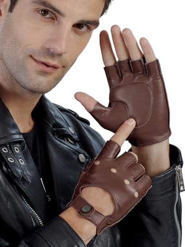 GSG SINCE 1998 Halbfinger Lederhandschuhe Herren – Fingerlose, ungefütterte Fahrhandschuhe aus weichem Schafsleder, atmungsaktiv und flexibel, Geschenkverpackung Braun XL von GSG SINCE 1998