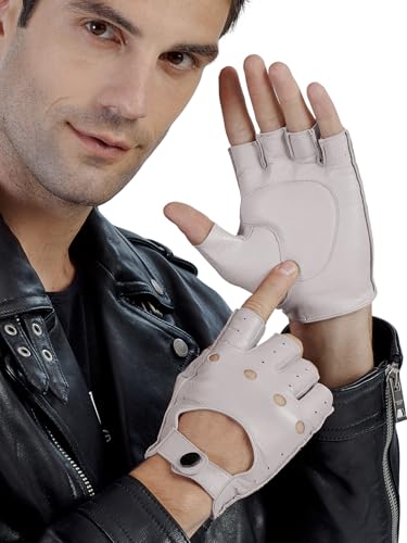 GSG SINCE 1998 Halbfinger Lederhandschuhe Herren – Fingerlose, ungefütterte Fahrhandschuhe aus weichem Schafsleder, atmungsaktiv und flexibel, Geschenkverpackung Weiß XL von GSG SINCE 1998