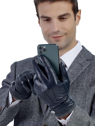 GSG SINCE 1998 Lederhandschuhe Herren aus echtem mit Futter Warm Wolle Gefüttert Touchscreen Lammfell Handschuhe Winter Navy Blau M von GSG SINCE 1998
