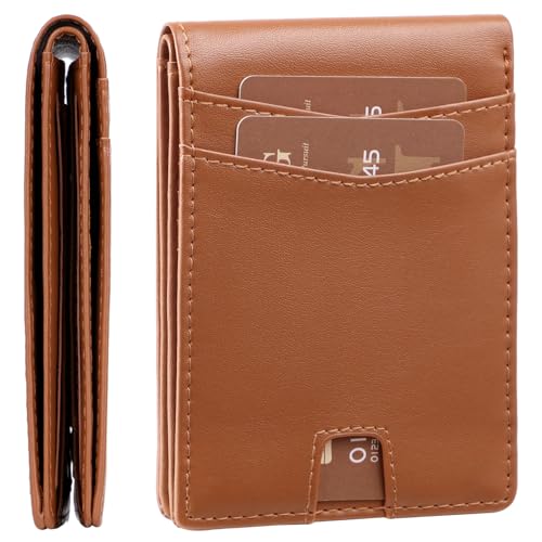 GSG Minimalistische Geldbörse für Herren mit Geldfach, Pop-Up-Geldbörse mit Ausweisfenster, schmale, faltbare Brieftasche, RFID-Blockierung, Lederfächer, Kreditkartenetui mit Geschenkbox, Braun von GSG SINCE 1998