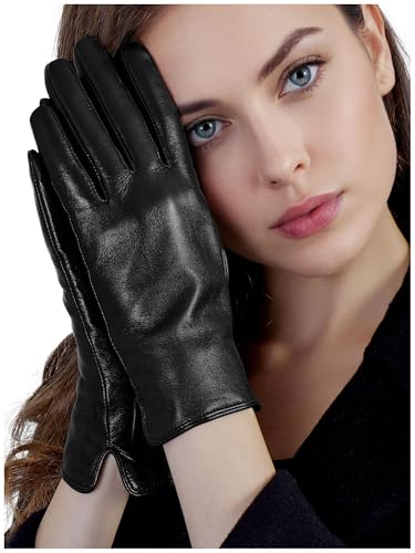 GSG SINCE 1998 Lederhandschuhe für Damen aus Chromfreiem Schaffell – Gefüttert mit Fleecegefüttert, Touchscreen-tauglich und Ideal zum Autofahren Schwarz S von GSG SINCE 1998