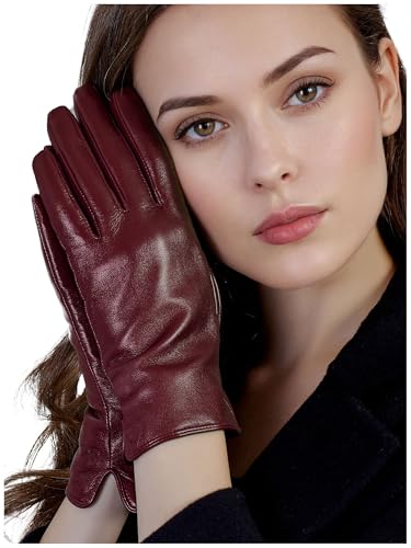 GSG SINCE 1998 Touchscreen Lederhandschuhe Damen – Chromfreies Schaffell, warm gefüttert mit Wolle, Ideal zum Autofahren im Winter Burgund M von GSG SINCE 1998