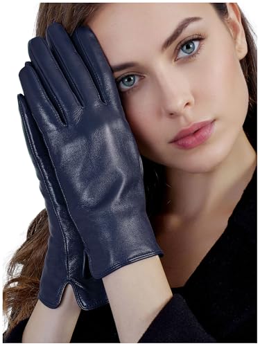 GSG SINCE 1998 Touchscreen Lederhandschuhe Damen – Chromfreies Schaffell, warm gefüttert mit Wolle, Ideal zum Autofahren im Winter Navy blau S von GSG SINCE 1998