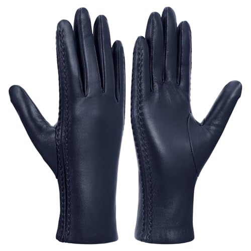 GSG SINCE 1998 Echte Lederhandschuhe Damen Touchscreen Winterhandschuhe Woll Gefütterter Warme Lammfell Autofahrerhandschuhe Navy blau M von GSG SINCE 1998