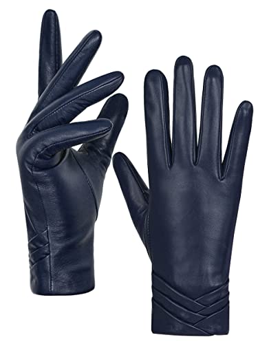 GSG SINCE 1998 Damen Lederhandschuhe – Chromfreies Lammfell, Gefüttert mit Wolle, Touchscreen-Thermo-Handschuhe in stilvollem Design für Winter Navy blau L von GSG SINCE 1998