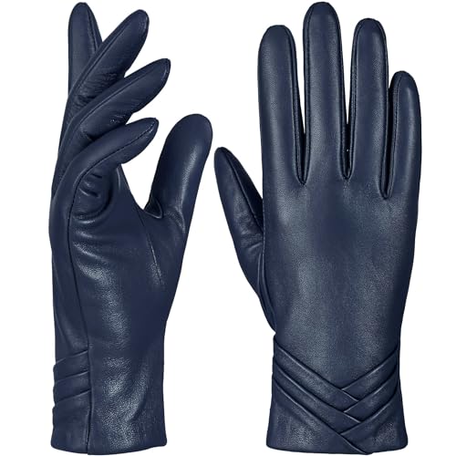 GSG SINCE 1998 Damen Lederhandschuhe – Chromfreies Lammfell, Gefüttert mit Wolle, Touchscreen-Thermo-Handschuhe in stilvollem Design für Winter Navy blau M von GSG SINCE 1998