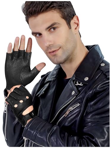 GSG SINCE 1998 Halbfinger Lederhandschuhe Herren – Fingerlose, ungefütterte Fahrhandschuhe aus weichem Kunstleder, atmungsaktiv und flexibel, Geschenkverpackung Schwarz S von GSG SINCE 1998