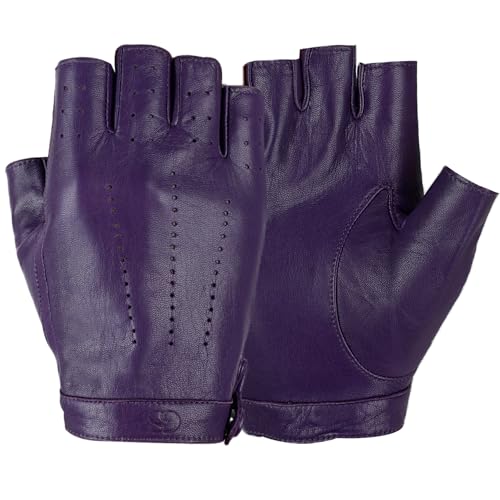 GSG Fingerlose Lederhandschuhe Damen aus echtem Leder Ungefütterte Halbfinger-Fahrhandschuhe aus Schaffell Violett X-Large von GSG SINCE 1998