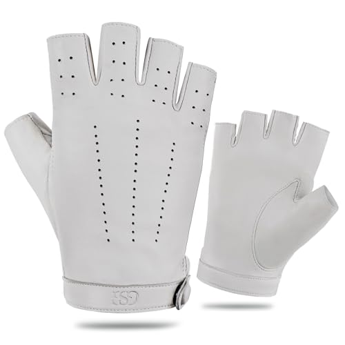 GSG Fingerlose Lederhandschuhe Damen aus echtem Leder Ungefütterte Halbfinger-Fahrhandschuhe aus Schaffell Weiß X-Large von GSG SINCE 1998