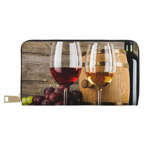 GSGCSBYMLG Art Red Wine Galsses & Grapes Printed Leather Wallet Large Travel Wallet Men Women Zip Clutch Card Holder, weiß, Einheitsgröße von GSGCSBYMLG