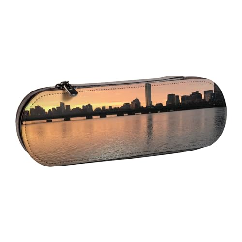 GSGCSBYMLG Boston Charles River City Skyline Sunset bedrucktes Leder-Federmäppchen Schreibwaren-Tasche von GSGCSBYMLG