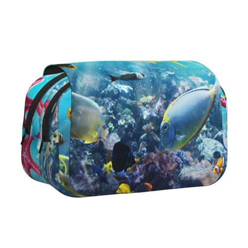 GSGCSBYMLG Bunte 3D-Natur-Szenik des Meeres unter Wasser tropischer Fische, bedrucktes doppeltes Klapp-Federmäppchen, tragbares Schreibwarenetui, Schwarz , Einheitsgröße, Münztasche von GSGCSBYMLG