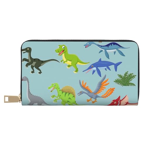 GSGCSBYMLG Cartoon-Dinosaurier-Bilder bedruckte Ledergeldbörse große Reisebrieftasche Herren Damen Reißverschluss Clutch Kartenhalter, weiß, Einheitsgröße von GSGCSBYMLG