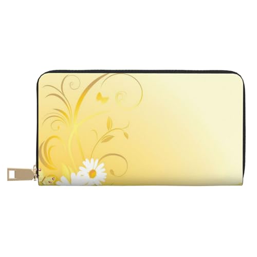 GSGCSBYMLG Curving Chamomile Flowers Flying Butterflies Printed Leather Wallet Large Travel Wallet Men Women Zip Clutch Card Holder, weiß, Einheitsgröße von GSGCSBYMLG