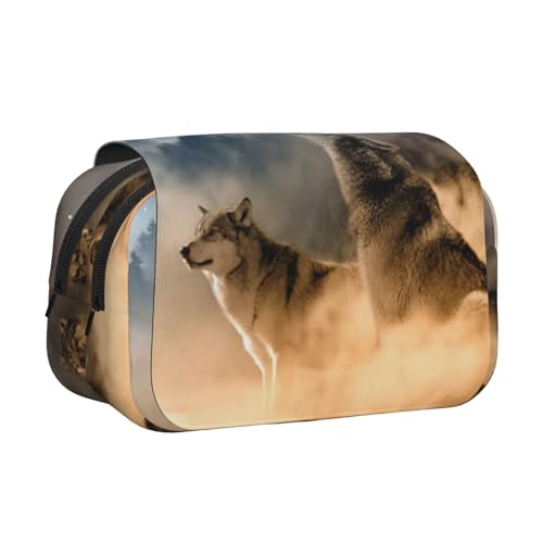 GSGCSBYMLG Doppel-Klappetui mit Wolfs-Motiv, tragbares Schreibwarenetui, Schwarz , Einheitsgröße, Münztasche von GSGCSBYMLG