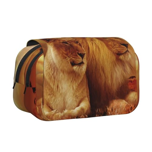 GSGCSBYMLG Federmäppchen, Motiv: Afrikanische Löwe und Löwin bedruckt, doppeltes Klappetui, tragbares Schreibwarenetui, Schwarz , Einheitsgröße, Münztasche von GSGCSBYMLG
