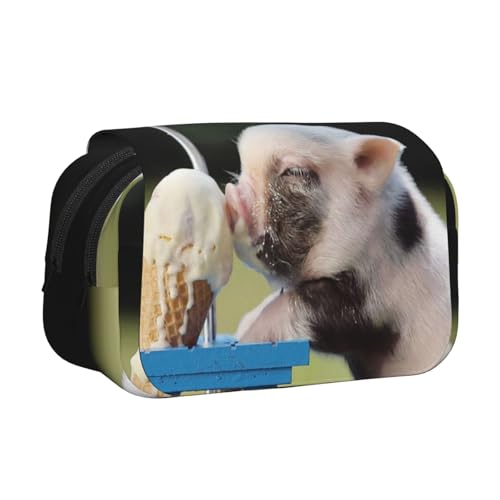 GSGCSBYMLG Federmäppchen, Motiv: Schweine, die Eis essen, bedruckt, doppeltes Klappetui, tragbares Schreibwarenetui, Schwarz , Einheitsgröße, Münztasche von GSGCSBYMLG