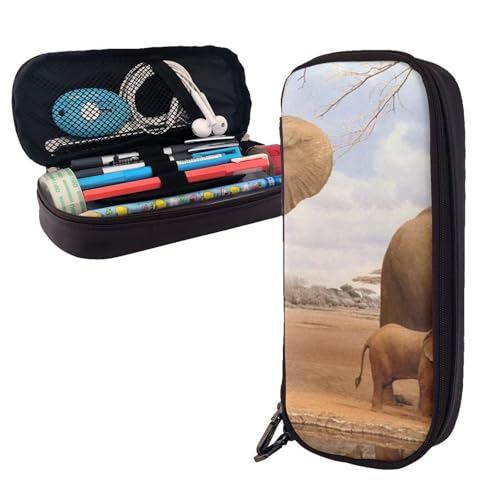 GSGCSBYMLG Federmäppchen aus Leder, Motiv: Elefantenfamilie, tragbar, Schreibwarenetui von GSGCSBYMLG