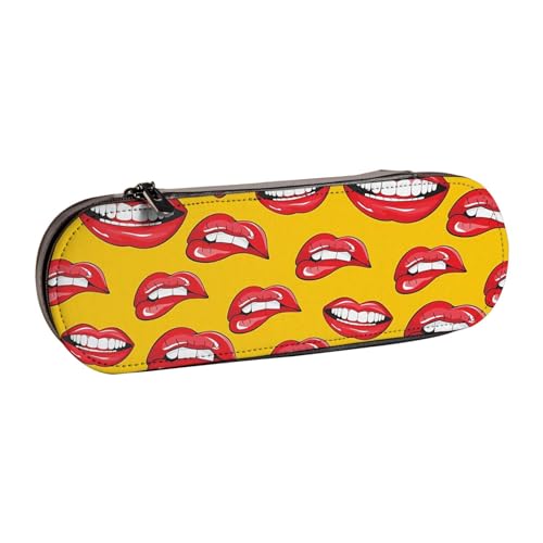 GSGCSBYMLG Federmäppchen aus Leder mit Aufdruck "Smiling and Biting Her Red Lips", Schreibwarentasche von GSGCSBYMLG
