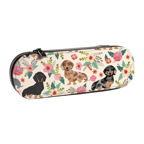 GSGCSBYMLG Federmäppchen aus Leder mit Dackel-Blumendruck von GSGCSBYMLG