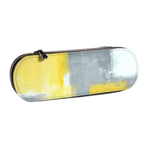 GSGCSBYMLG Federmäppchen aus Leder mit abstrakter Kunstmalerei, Grau und Gelb von GSGCSBYMLG