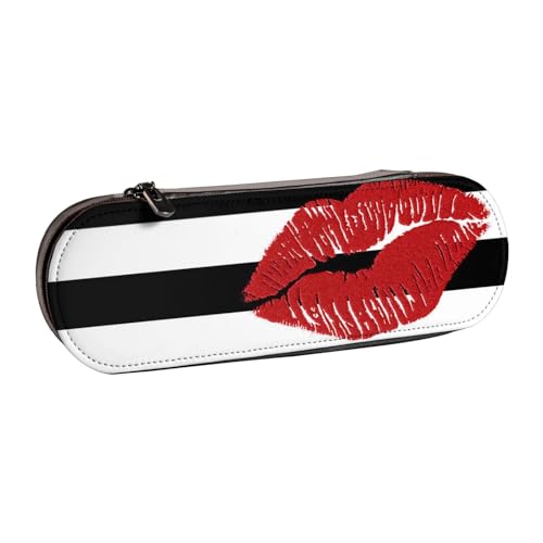 GSGCSBYMLG Federmäppchen aus Leder mit schwarzen und weißen Streifen, bedruckt mit Lippen von GSGCSBYMLG