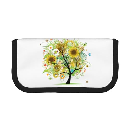 GSGCSBYMLG Federmäppchen aus Segeltuch, Motiv: Baum mit Gänseblümchen, Sonnenblumen, Schmetterlingen, Marienkäfern, Insekten, bedrucktes Federmäppchen, tragbare Schreibwaren-Etui, Aufbewahrungstasche von GSGCSBYMLG
