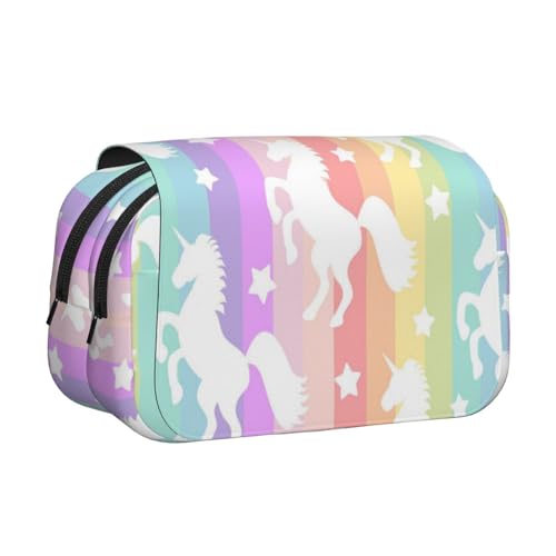 GSGCSBYMLG Federmäppchen mit Einhörnern auf bunten Streifen, bedruckt, doppeltes Klappetui, tragbares Schreibwarenetui, Schwarz , Einheitsgröße, Münztasche von GSGCSBYMLG