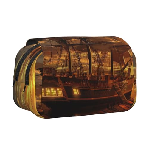 GSGCSBYMLG Federmäppchen mit Fantasie-Piratenschiff-Motiv, doppeltes Klappetui, tragbares Schreibwarenetui, Schwarz , Einheitsgröße, Münztasche von GSGCSBYMLG