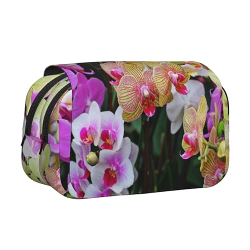 GSGCSBYMLG Federmäppchen mit Orchideen-Motiv, doppeltes Klappetui, tragbares Schreibwarenetui, Schwarz , Einheitsgröße, Münztasche von GSGCSBYMLG