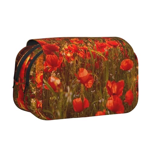 GSGCSBYMLG Federmäppchen mit Sonnenuntergang und Blumenfeld, bedruckt, doppeltes Klappetui, tragbares Schreibwarenetui, Schwarz , Einheitsgröße, Münztasche von GSGCSBYMLG