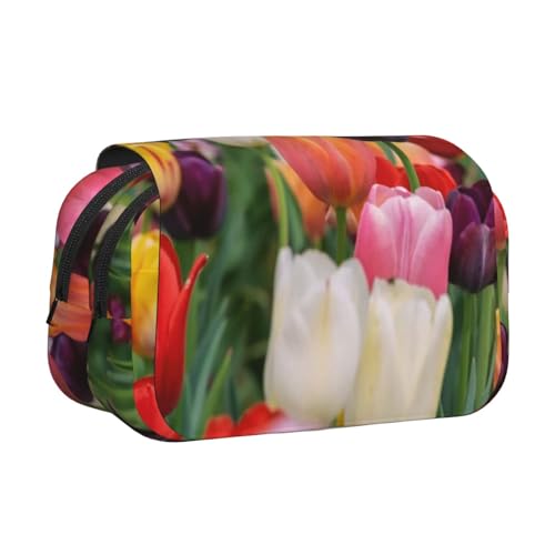 GSGCSBYMLG Federmäppchen mit Tulpenmotiv, doppeltes Klappetui, tragbares Schreibwarenetui, Schwarz , Einheitsgröße, Münztasche von GSGCSBYMLG