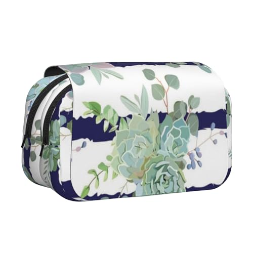 GSGCSBYMLG Federmäppchen mit gestreiftem Sukkulentenmotiv, doppeltes Klappetui, tragbares Schreibwarenetui, Schwarz , Einheitsgröße, Münztasche von GSGCSBYMLG