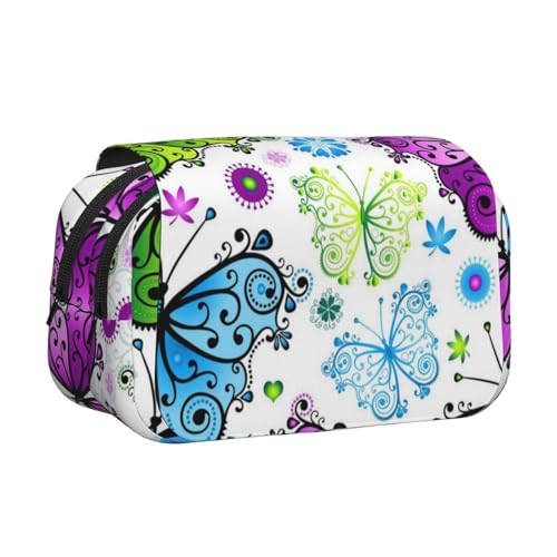 GSGCSBYMLG Federmappe, buntes Schmetterlings-Motiv, doppeltes Klappetui, tragbares Schreibwarenetui, Schwarz , Einheitsgröße, Münztasche von GSGCSBYMLG