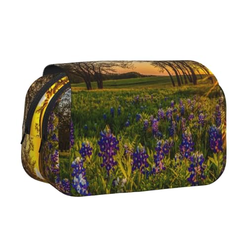 GSGCSBYMLG Federmappe mit Lavendel-Wiesenmotiv bei Sonnenuntergang, bedruckt, doppeltes Klappetui, tragbares Schreibwarenetui, Schwarz , Einheitsgröße, Münztasche von GSGCSBYMLG
