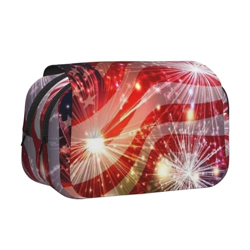 GSGCSBYMLG Feuerwerk Amerikanische Flagge, bedrucktes Doppel-Klapp-Federmäppchen, tragbares Schreibwarenetui, Schwarz , Einheitsgröße, Münztasche von GSGCSBYMLG